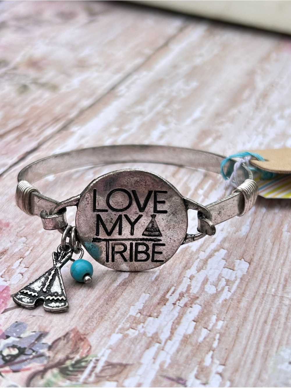 Silver 'Love My Tribe' Charm Bangle with Turquoise Accent